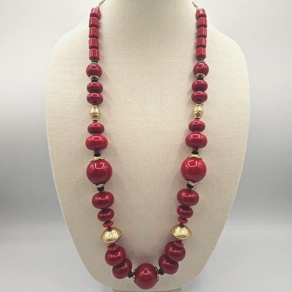 Chicos Cherry Red Long Beaded Statement Necklace‎ Chunky Gold Tone Resort Boho